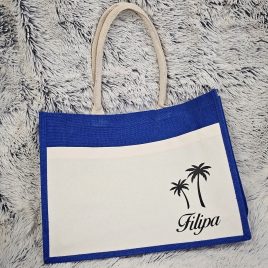 Torba za plažu - juta plava s prednjim džepom